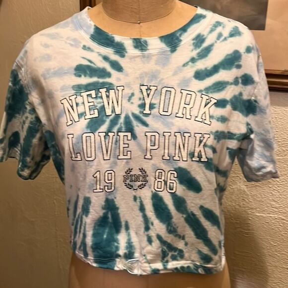 PINK Victoria's Secret Tops - Victoria’s Secret Pink Blue Tie Dye Drawstring Hem Crop Top Size M